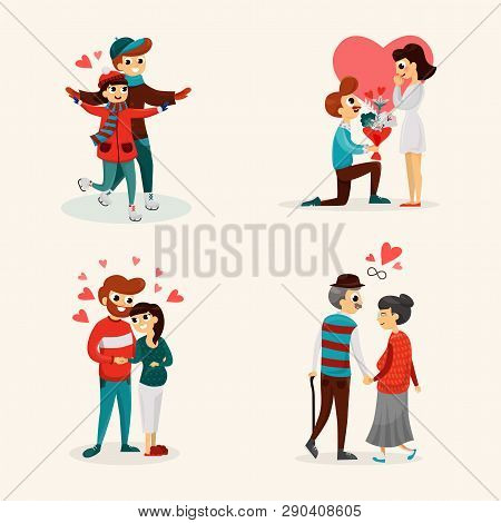 Set Of Of Different Age Spending Time With Each Other Vector Illustration. Relationship Concept. One