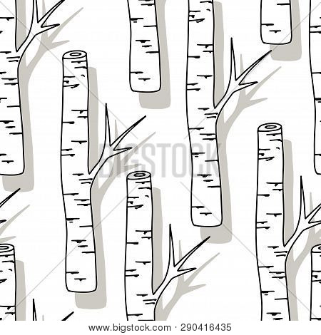 Birch Tree Pattern. Black And White Trees Seamless Background On White
