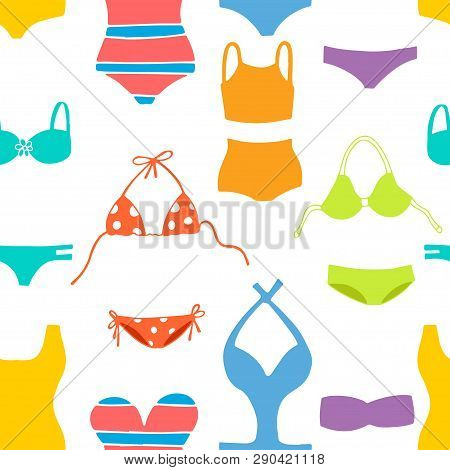 Bright Summer Swimsuits On White Background. Vector Seamless Pattern