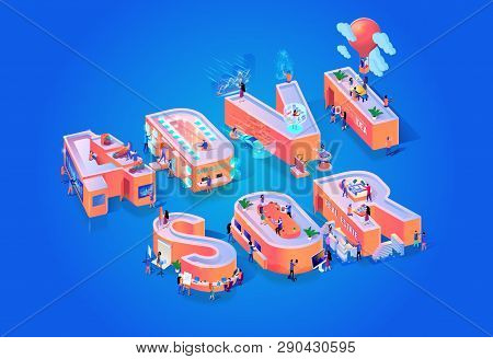 Vector Illustration Advissor On Blue Background. Small People In Middle Capital Letters Suggest Ways