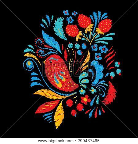 Bright Embroidery With Flowers, Berrias And Bird. Tshirt Or Tote Bag Ethnic Fashion Design.