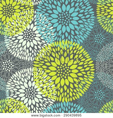 Spring Flowers Seamless Pattern. Blue And Green Chrisanthemum Flowers Background For Web, Print, Tex