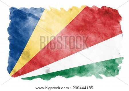 Seychelles Flag  Is Depicted In Liquid Watercolor Style Isolated On White Background