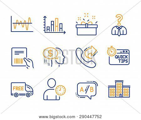 Parcel Invoice, Time Management And Pay Icons Simple Set. Diagram Graph, Present Box And Share Call 