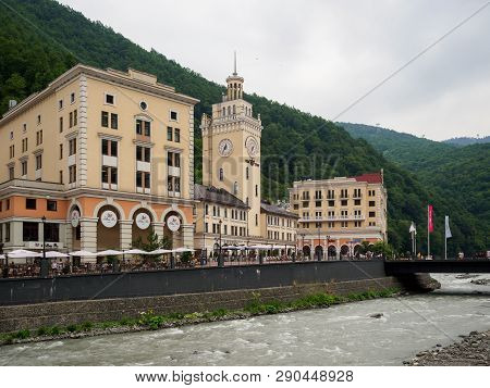 Sochi - Russian Feseration - July 17, 2017 - Town Hall Building With A Clock In The Village Of Rosa 
