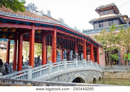 Antique Red Bridge Entrance In Ba Na Hills At Da Nang Looks Like Bridge In Hoi An, Vietnam