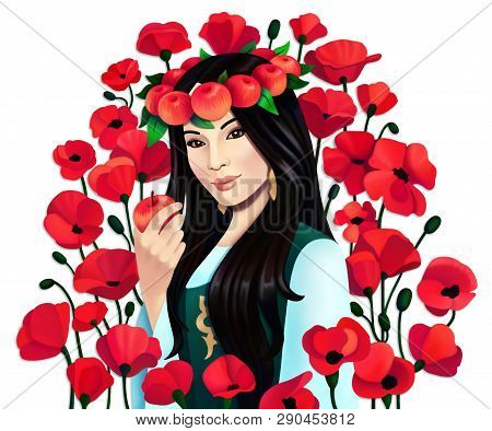 Digital Portrait Asian Woman With Apples And Poppy Flowers On White Background, Isolated