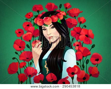 Digital Illustration Of Asian Girl With Apples And Red Flowers On Green Background