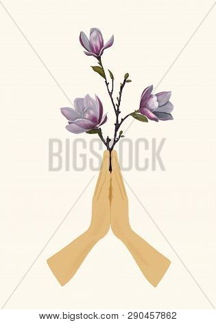 Namaste Hands With Sakura Plant On White Background