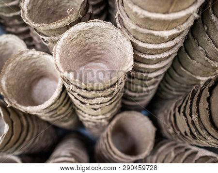Pots For Seedling From Ecological Cardboard. Peat Pots For Seeds. Pots On A Counter Of Shop