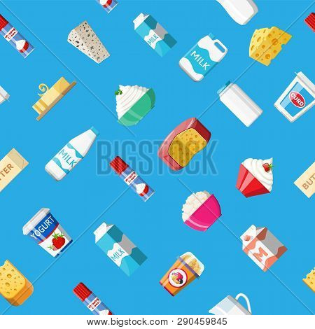 Dairy Products Set Seamless Pattern. Collection Of Milk Food. Milk, Cheese, Yogurt, Butter, Sour Cre