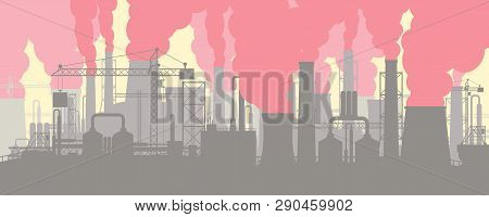 Panoramic Industrial Silhouette Landscape. Smoking Factory Pipes. Plant Pipes With Smoke. Carbon Dio