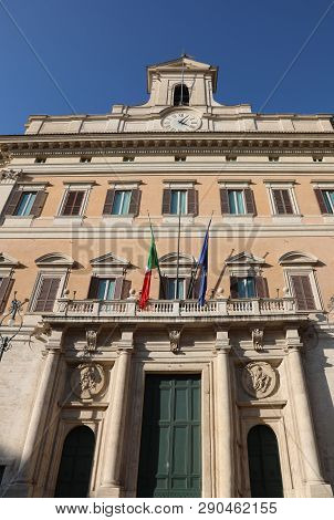 Entrance To The Montecitorio Palace In Rome Italy  Headquarter Of The Italian Parliament With Flags