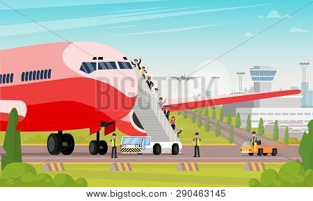 Happy Passengers Board Airplane Flat Illustration. Vector Airport Background. People Climb Ladder To