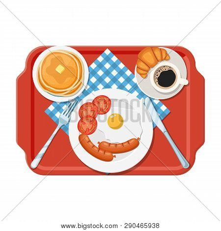 Plastic Tray. Breakfast Concept. Appetizing Delicious Breakfast Of Coffee, Fried Egg With Sausage, C