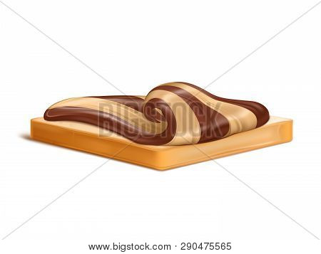 Slice Of Wheat Bread With Peanut Butter, Chocolate Cream Or Nougat Spread Realistic Vector Isolated 