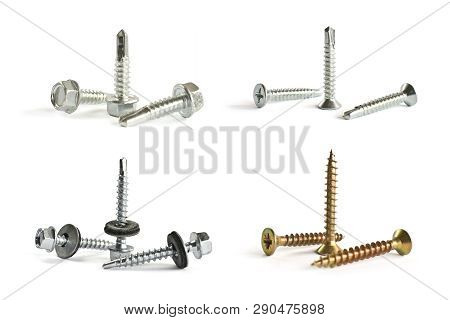 Closeup Self Drilling Screws For Roofing With A Drill And With Sealing Washer Isolated On White. Iso