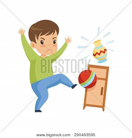 Cute Naughty Boy Playing With Ball At Home, Bad Child Behavior Vector Illustration