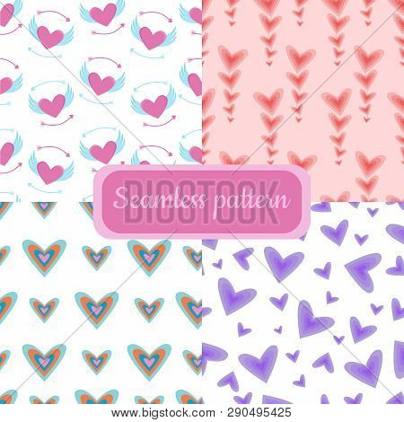 Valentine Day Hearts Seamless Patterns Set. Romantic Background