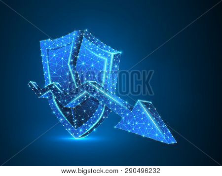 Downtrend Arrow On Broken Security Shield Abstract Neon 3d Illustration. Polygonal Vector Business C