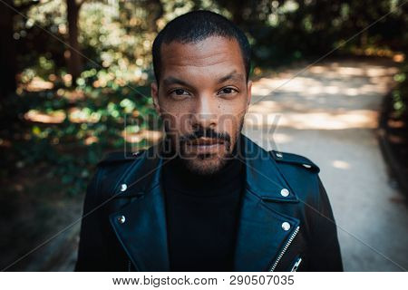 Confident Stylish African American Man Wearing Black Leather Jacket Outdoor. Street Wear Fashion Bla
