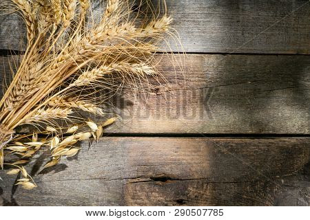 Shavout Concept - Grains, Milk And Cheese On Wood Background, Top View