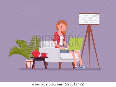 Female Employee Working From Home. Happy Freelance Worker, Self-employed In Comfortable Remote Locat