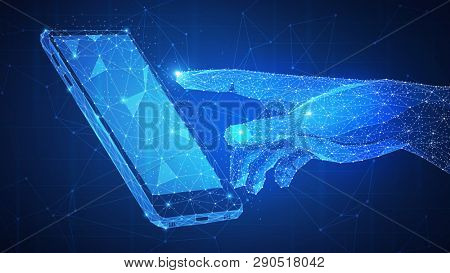 Plygon network hand touching the 3d smartphone. Smart contract agreement, blockchain and cryptocurrency, business network and 4IR Fourth Industrial Revolution concept.