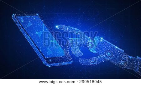Robotic arm and smartphone futuristic hud background. Polygon robo hand as a concept of automatization, robotic technology, industrial revolution and artificial intelligence. Low poly design.