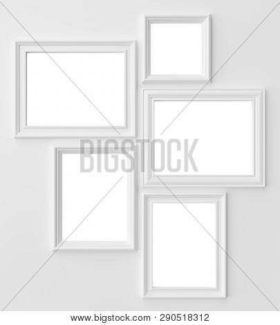 White Blank Photo Frames On White Wall With Shadows With Copy-space, White Colorless Picture Frames 