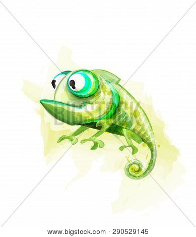 Chameleon Funny Cartoon Character Vector. Cute Reptile With Big Eyes Watercolor