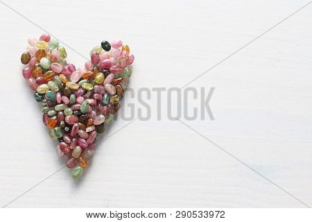 Heart. Beautiful Heart Made Of Natural Stone Tourmaline. Heart On A White Background. Greeting Card