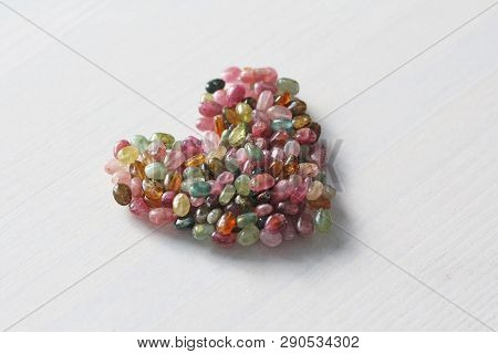 Heart. Beautiful Heart Made Of Natural Stone Tourmaline. Heart On A White Background. Greeting Card