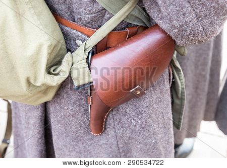 Vintage Leather Holster And Other Ammunition On The Belt. Retro Uniform Of Russian Army During Russi