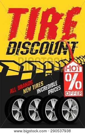 Tire Sale Out Banner Template. Grunge Tire Tracks Background For Landscape Poster, Digital Banner, F