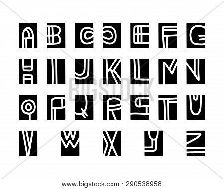 Cut-out Alphabet, Printmaking Lino-cut Vector Elements On Background.