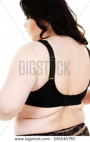 Fat Woman Rear View Opening Taking Off Or Putting On Her Bra. Plus Size Overweight Female Model Wear