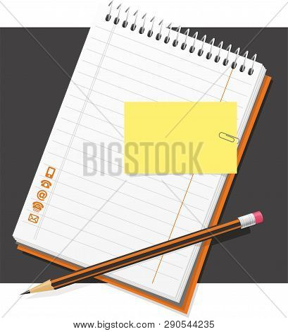 White, Clean Line Notebook With Spring With Icons And Pencil