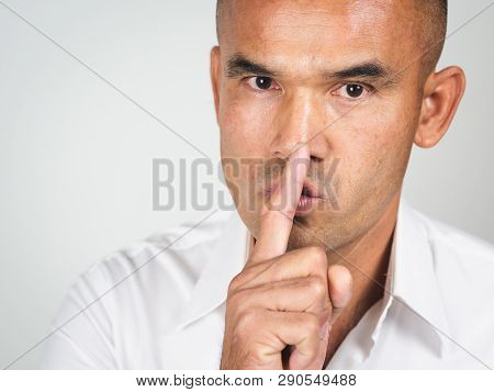 The Man Making Finger On Lips Silence Gesture, Pst, Shh,