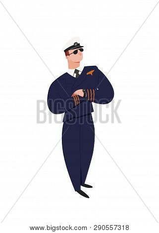 Professional Pilot. Man In Standing Pose, In Cap And Uniform The Pilot Of Aircraft, With The Hands C