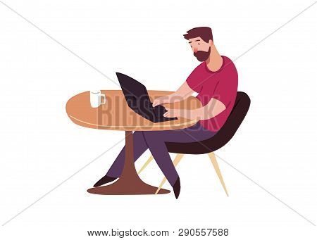 Programmer. Man Sits In A Chair At Table With The Laptop And A Cup Of Coffee. Person In A Daily Situ