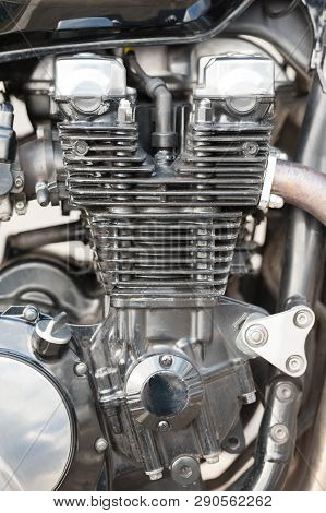 Close-up Of A Powerful Classic Japanese Motorcycle Engine