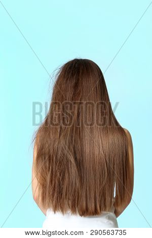 Woman Before And After Hair Treatment On Color Background
