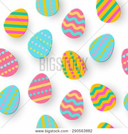 Seamless Pattern Of Easter Egg Paper Cut. Cute Layered Eggs Hunt Greeting Card Isolated On White. Ge