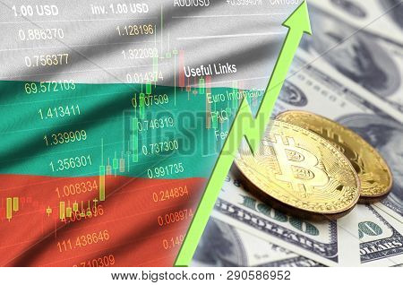 Bulgaria Flag And Cryptocurrency Growing Trend With Two Bitcoins On Dollar Bills