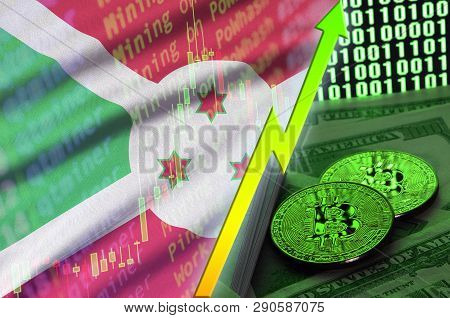Burundi Flag And Cryptocurrency Growing Trend With Two Bitcoins On Dollar Bills And Binary Code Disp