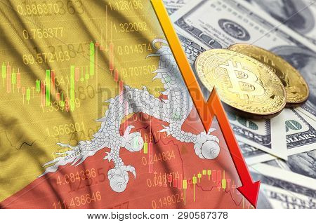 Bhutan Flag And Cryptocurrency Falling Trend With Two Bitcoins On Dollar Bills