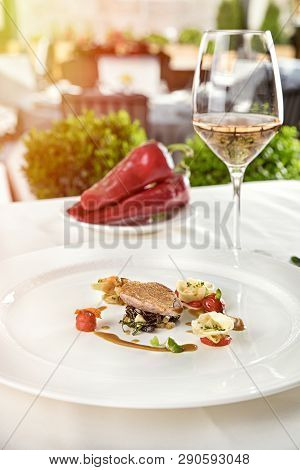 Quail Fillet, Olive, Basil, Red Pepper Puree And Tortellini With Artichoke.