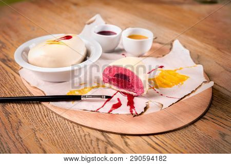 Homemade Raspberry Petit Gateau On A Table