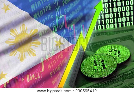 Philippines Flag And Cryptocurrency Growing Trend With Two Bitcoins On Dollar Bills And Binary Code 